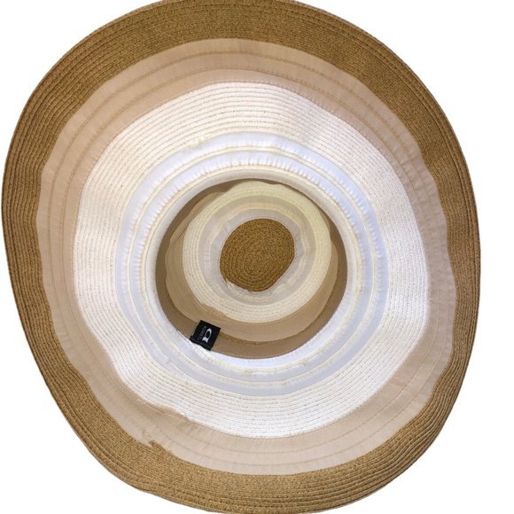 Stunning white tan wide brim cotton canvas straw black bow beach sun hat - Picture 3 of 9